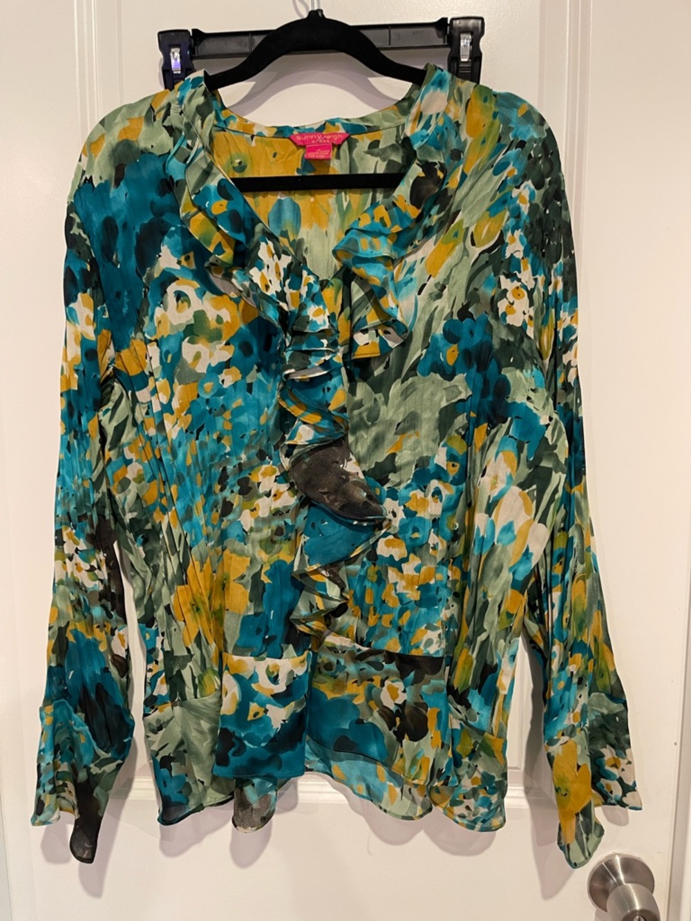 Sunny Leigh Teal, Yellow & Green Floral Ruffle Blouse Jacket